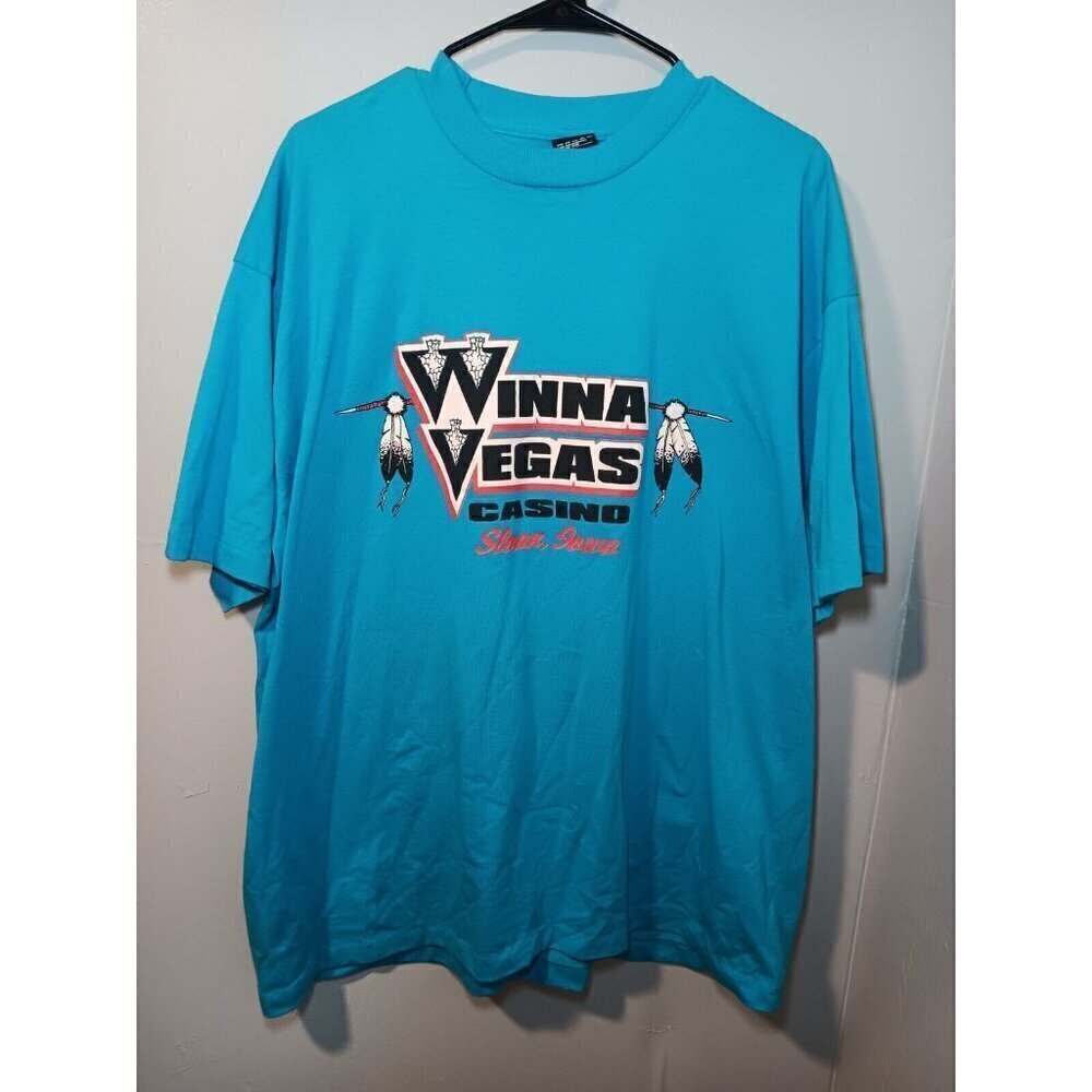 Vintage Single Stitch Fruit Of The Loom Winna Vegas Casino Turquoise Blue TShirt